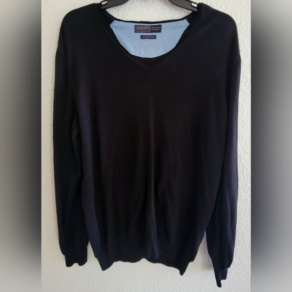 Brand New Zara Man V-Neck Fine Cotton Black Sweater Jumper